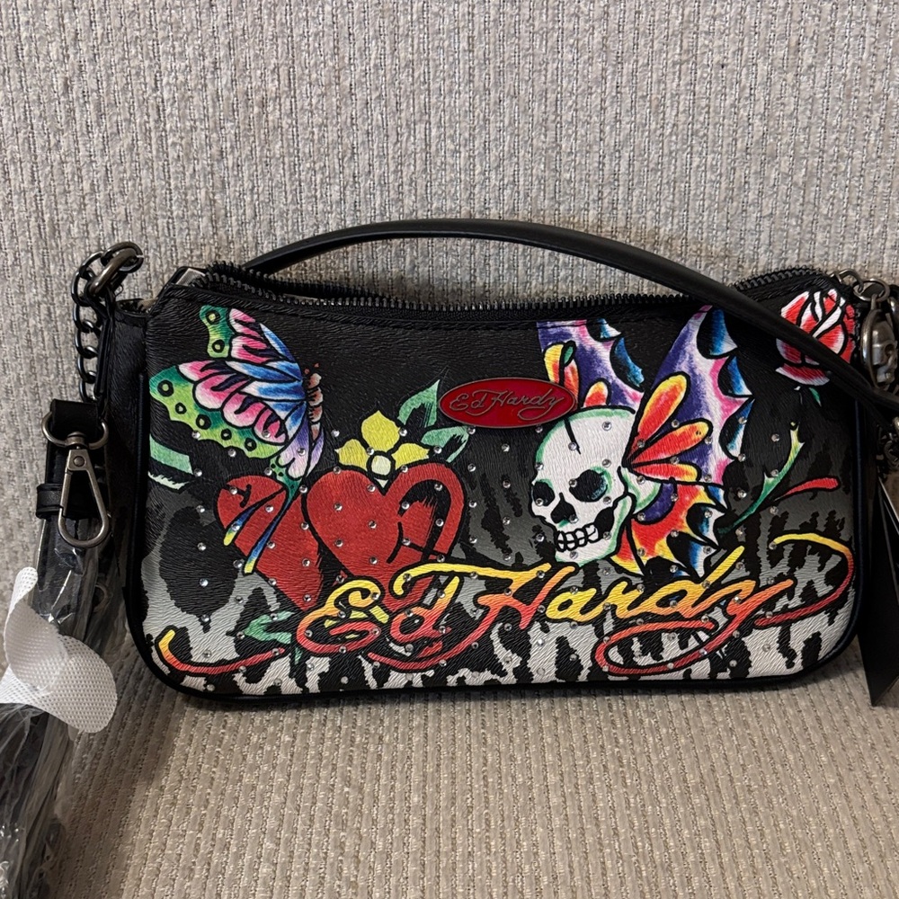 Ed Hardy Black Crossbody with Multicolor Skull & Heart Graphics